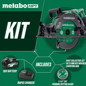 Metabo HPT 36V MultiVolt™ Cordless Rear Handle Circular Saw Kit | Optional AC Adapter | 7-1/4-Inch Blade | 500 Cross Cuts Per Charge | Lightweight - 8.2 Lbs. | C3607DWA