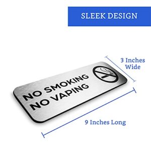 No Smoking No Vaping Sign (Brushed Aluminum 9 in x 3 in) - No Smoking Sign - No Smoking Signs for Business - No Smoking Signs for Home - Airbnb Essentials for Hosts - Airbnb SIgns for Hosts - 2 PACK