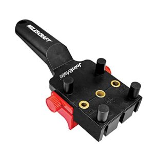 milescraft 1332 joint mate - new, improved handheld dowel jig for corner, edge, and surface joints, 3 metal bushing sizes (1/4", 5/16", 3/8") and self-centering pins, includes removable fence