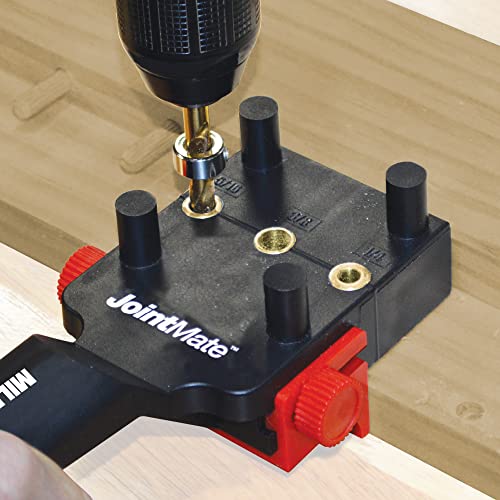 Milescraft 1332 Joint Mate - New, Improved Handheld Dowel Jig for Corner, Edge, and Surface Joints, 3 Metal Bushing Sizes (1/4", 5/16", 3/8") and Self-Centering Pins, Includes Removable Fence