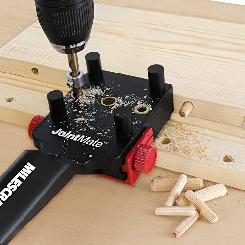 Milescraft 1332 Joint Mate - New, Improved Handheld Dowel Jig for Corner, Edge, and Surface Joints, 3 Metal Bushing Sizes (1/4", 5/16", 3/8") and Self-Centering Pins, Includes Removable Fence