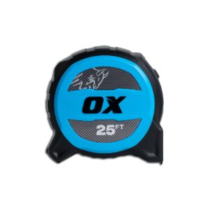 ox tools pro tuff blade 25 ft tape measure - 1 ¼-inch wide blade, dual magnetic wide hook & double sided nylon coated blade, 13 ft stand out, ox-p506025