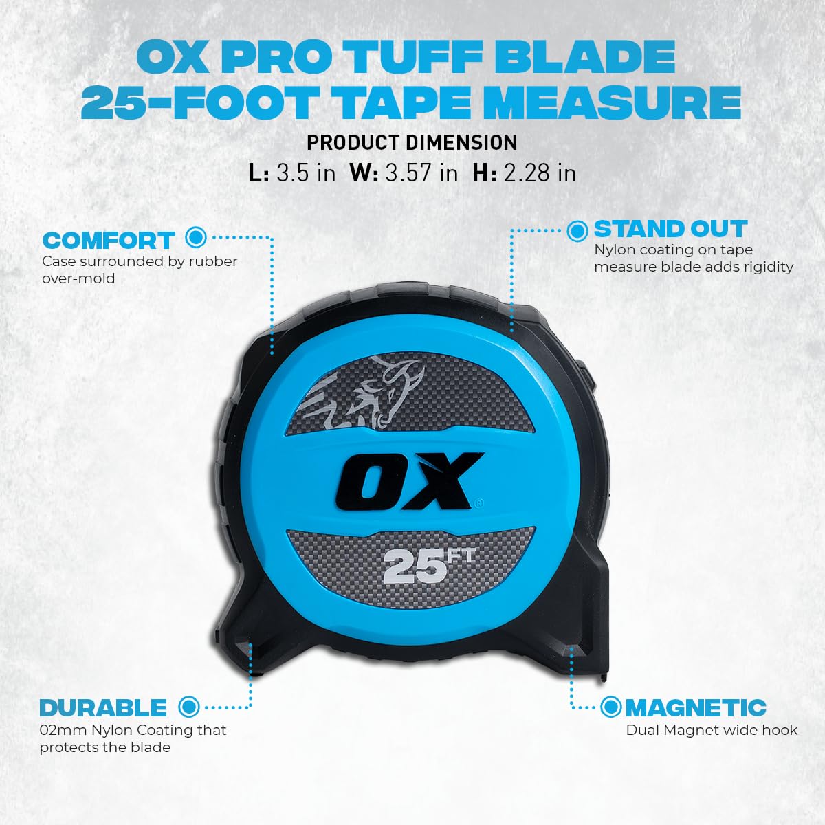OX Tools Pro TUFF Blade 25 Ft Tape Measure - 1 ¼-Inch Wide Blade, Dual Magnetic Wide Hook & Double Sided Nylon Coated Blade, 13 ft Stand Out, OX-P506025