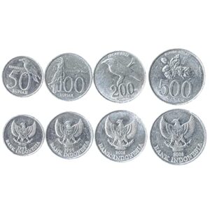 4 coins from indonesia | indonesian coin set collection 50 100 200 500 rupiah | circulated 1999-2005 | jasmine | black-naped oriole | garuda pancasila | palm cockatoo | bali myna