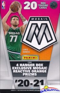 2020/21 panini mosaic basketball exclusive factory sealed hanger box with (4) mosaic reactive orange prizms! look for rookies & autos of lamelo ball, anthony edwards, tyrese haliburton & more! wowzzer