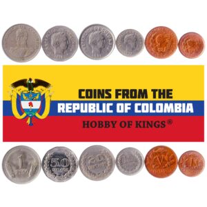 6 coins from colombia | colombian coin set collection 1 5 10 20 50 centavos 1 peso | circulated 1969-1979 | laurel wreath | francisco de paula santander | phrygian cap | simon bolivar