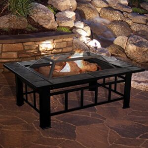 Fire Pit Set, Wood Burning Pit -Includes Screen, Cover and Log Poker- Great for Outdoor and Patio, 37Â” Marble Tile Rectangular Firepit by Pure Garden