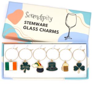 st patrick's day wine glass charms, irish glass markers, st patricks day decoration, set of 6 charms: ireland flag, leprechaun hat, shamrock, beer mug, and pot of gold