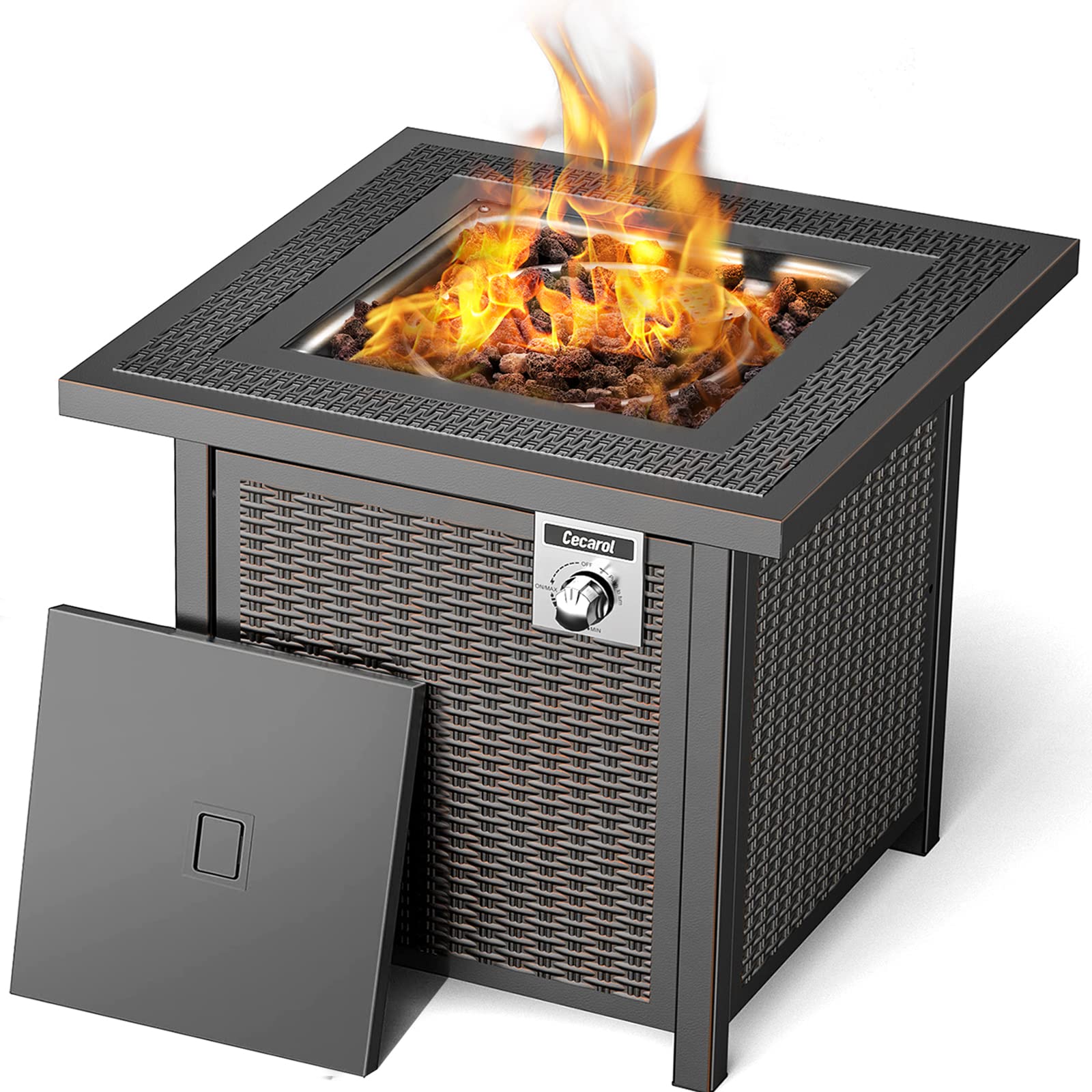 Cecarol Gas Propane Fire Pits with Lid and Lava Rock,50,000 BTU Outdoor Fire Pit Table Easy to Assemble, Steel Fire Table with ETL Certified for Outside Add Ambience to Gatherings (28In, Black)