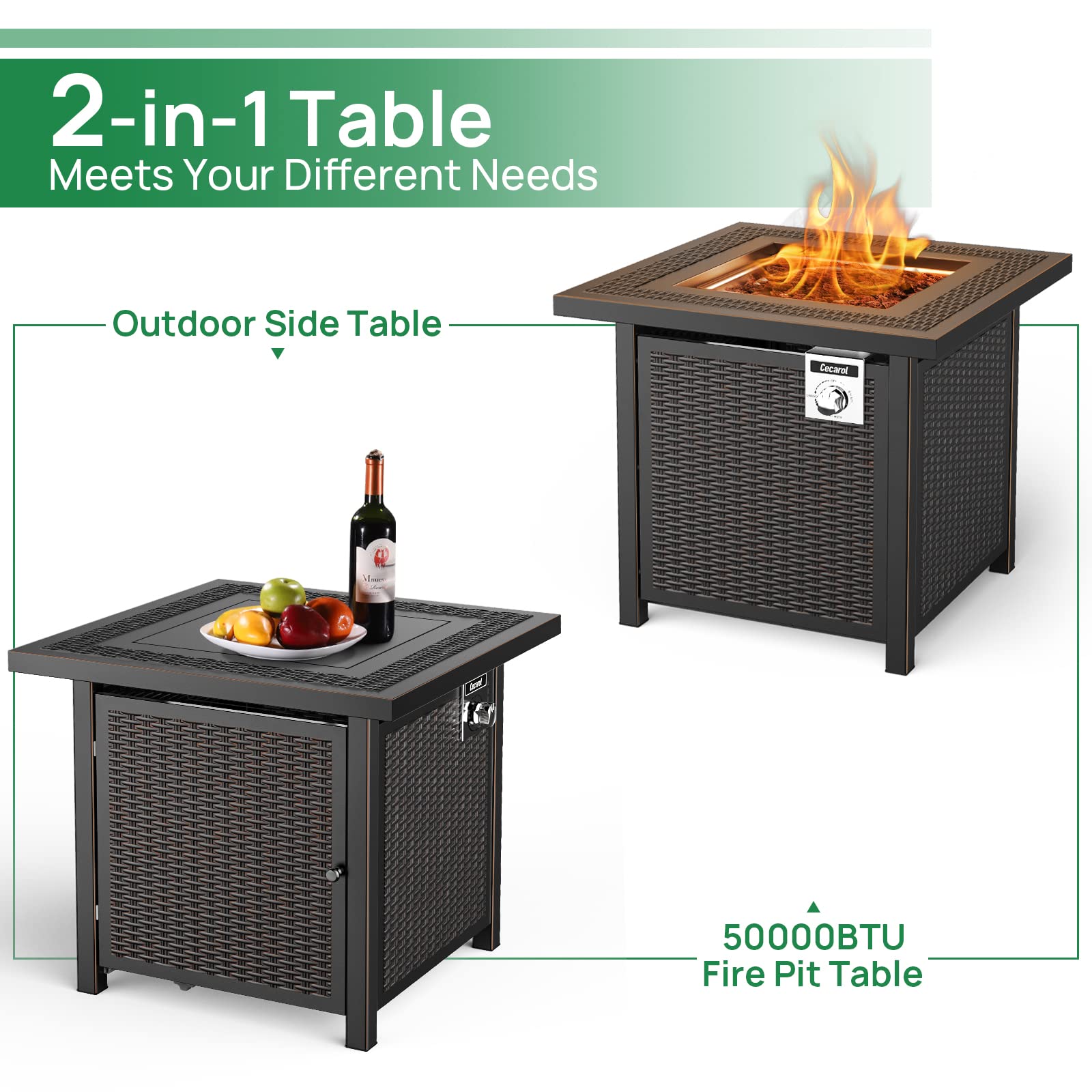 Cecarol Gas Propane Fire Pits with Lid and Lava Rock,50,000 BTU Outdoor Fire Pit Table Easy to Assemble, Steel Fire Table with ETL Certified for Outside Add Ambience to Gatherings (28In, Black)