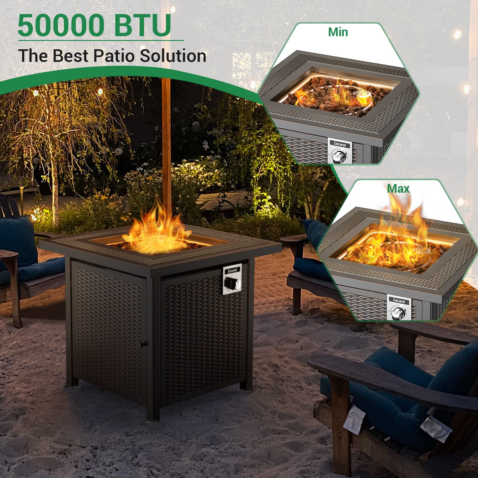 Cecarol Gas Propane Fire Pits with Lid and Lava Rock,50,000 BTU Outdoor Fire Pit Table Easy to Assemble, Steel Fire Table with ETL Certified for Outside Add Ambience to Gatherings (28In, Black)