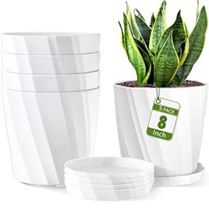 8 inch plastic flower pots set 5 pack with drainage holes and saucers, tray. large planters for indoor plants, house, outdoor plants, orchid. unique decorative planting pots, white