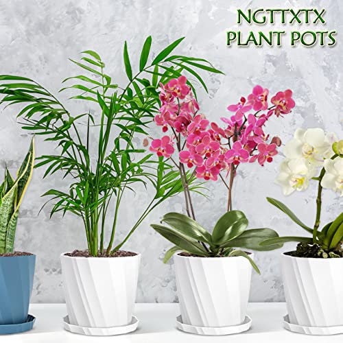 8 Inch Plastic Flower Pots Set 5 Pack with Drainage Holes and Saucers, Tray. Large Planters for Indoor Plants, House, Outdoor Plants, Orchid. Unique Decorative Planting Pots, White