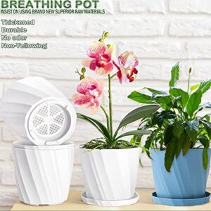 8 Inch Plastic Flower Pots Set 5 Pack with Drainage Holes and Saucers, Tray. Large Planters for Indoor Plants, House, Outdoor Plants, Orchid. Unique Decorative Planting Pots, White