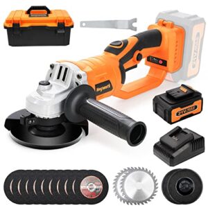 heywork 21v cordless grinder kit,4" blade,10000 rpm brushless motor cordless angle grinder,4ah lithium ion battery grinder & quick- charger,2-position handle,cutting and grinding wheels