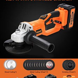 Heywork 21V Cordless Grinder Kit,4" Blade,10000 RPM Brushless Motor Cordless Angle Grinder,4Ah Lithium Ion Battery Grinder & Quick- Charger,2-Position Handle,Cutting and Grinding Wheels