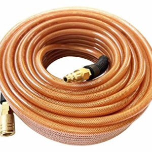 SANFU Polyurethane(PU) 1/4-Inch x 100ft Reinforced, Air Hose with 1/4” Swivel Solid Brass Quick Coupler and Plug, Brown(100’)