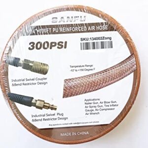 SANFU Polyurethane(PU) 1/4-Inch x 100ft Reinforced, Air Hose with 1/4” Swivel Solid Brass Quick Coupler and Plug, Brown(100’)