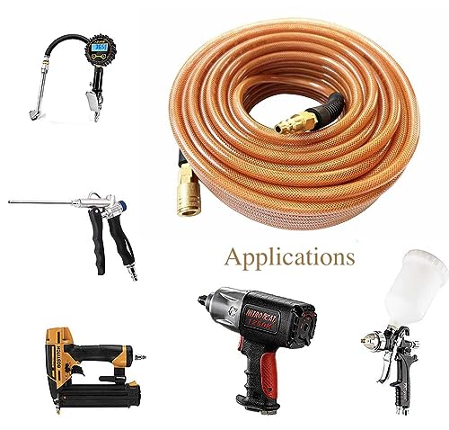 SANFU Polyurethane(PU) 1/4-Inch x 100ft Reinforced, Air Hose with 1/4” Swivel Solid Brass Quick Coupler and Plug, Brown(100’)