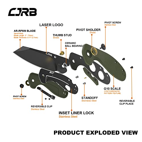 CJRB Folding Pocket Knife Maileah Tactical Knife with AR-RPM9 Powder Steel Balde and G10 Small Tactical Pocket Knife EDC for outdoor survival hunting camping J1918 (Black Blade/Army Green)