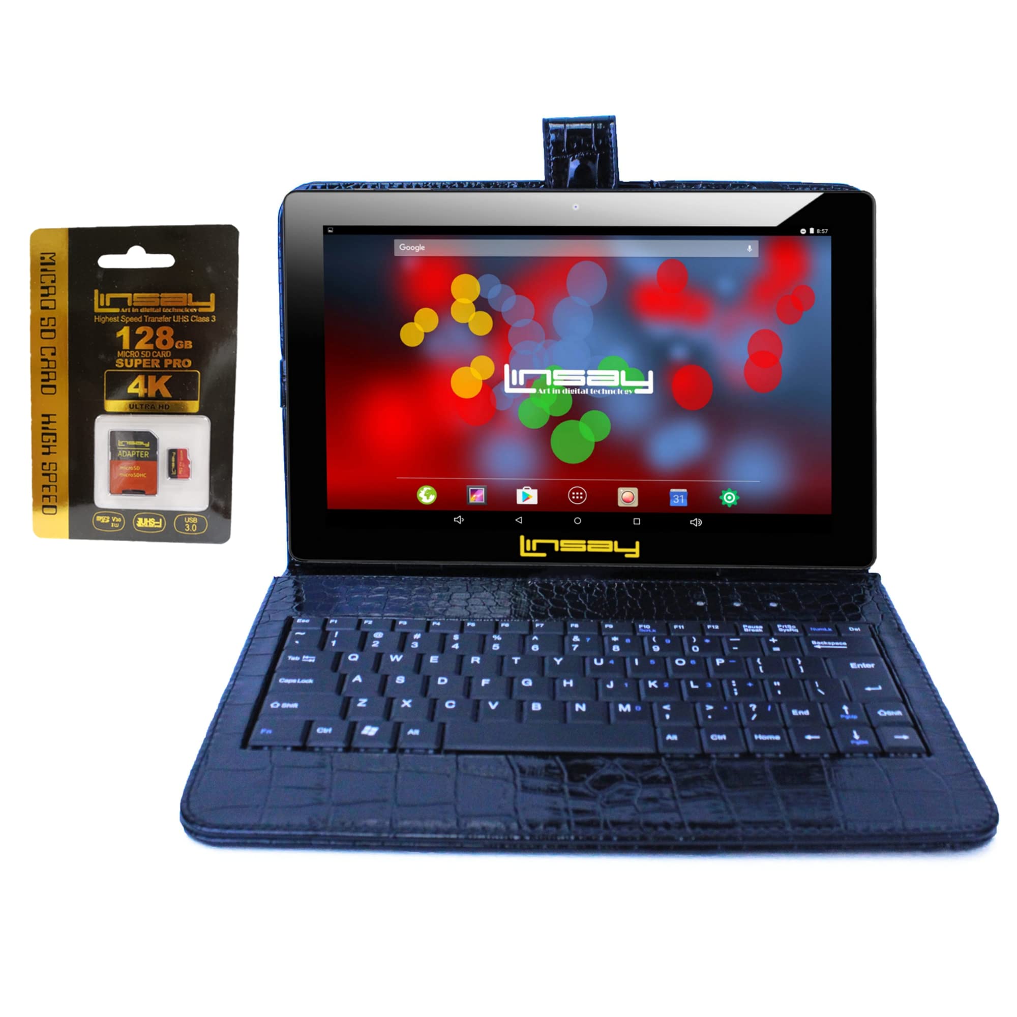 LINSAY 10.1" 1280x800 IPS 32GB Android 11 Tablet with Black Crocodile Style Keyboard and 128GB Micro SD Card