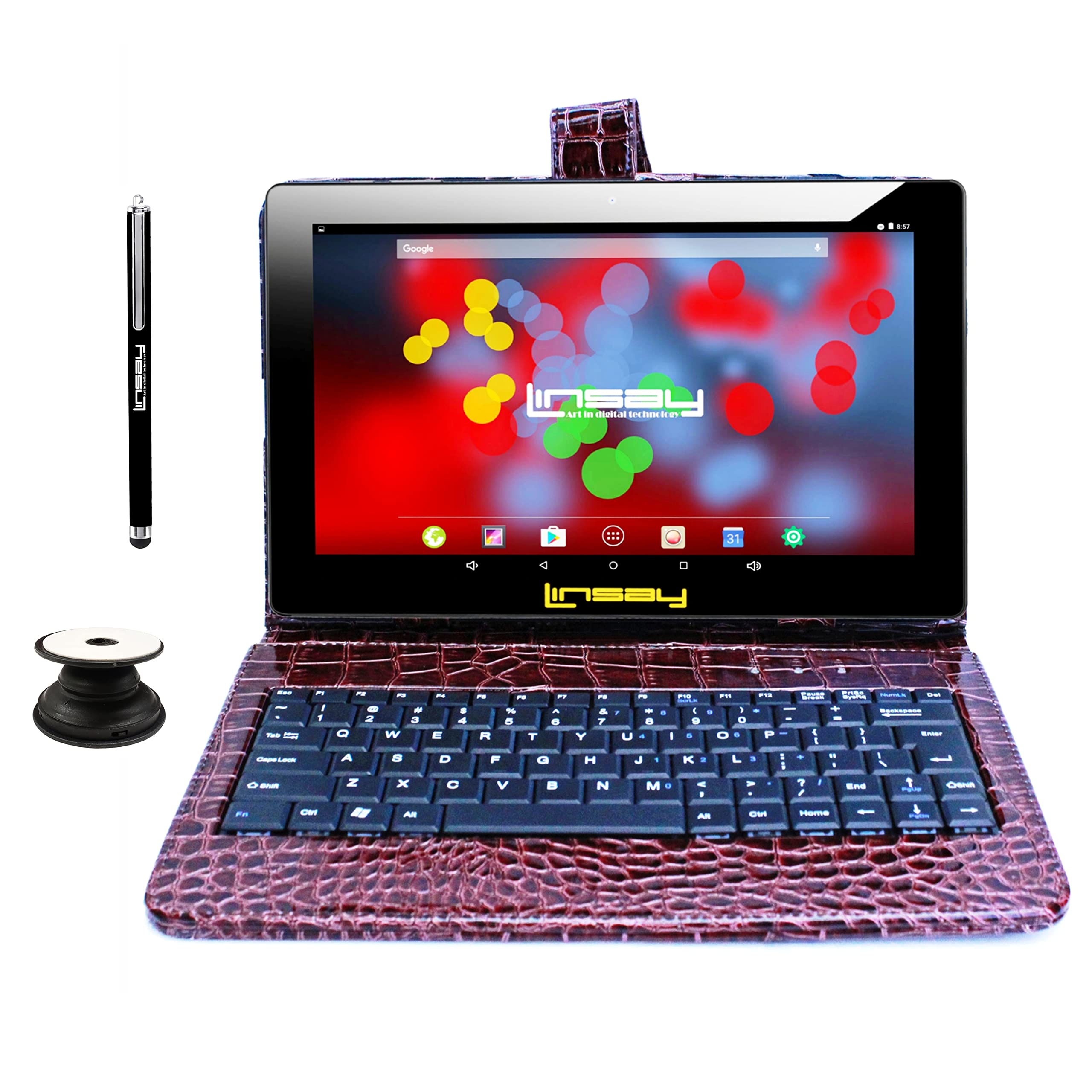 LINSAY 10.1" 1280x800 IPS 2GB RAM 32GB Android 11 Tablet with Brown Crocodile Style Keyboard, Pop Holder and Pen Stylus