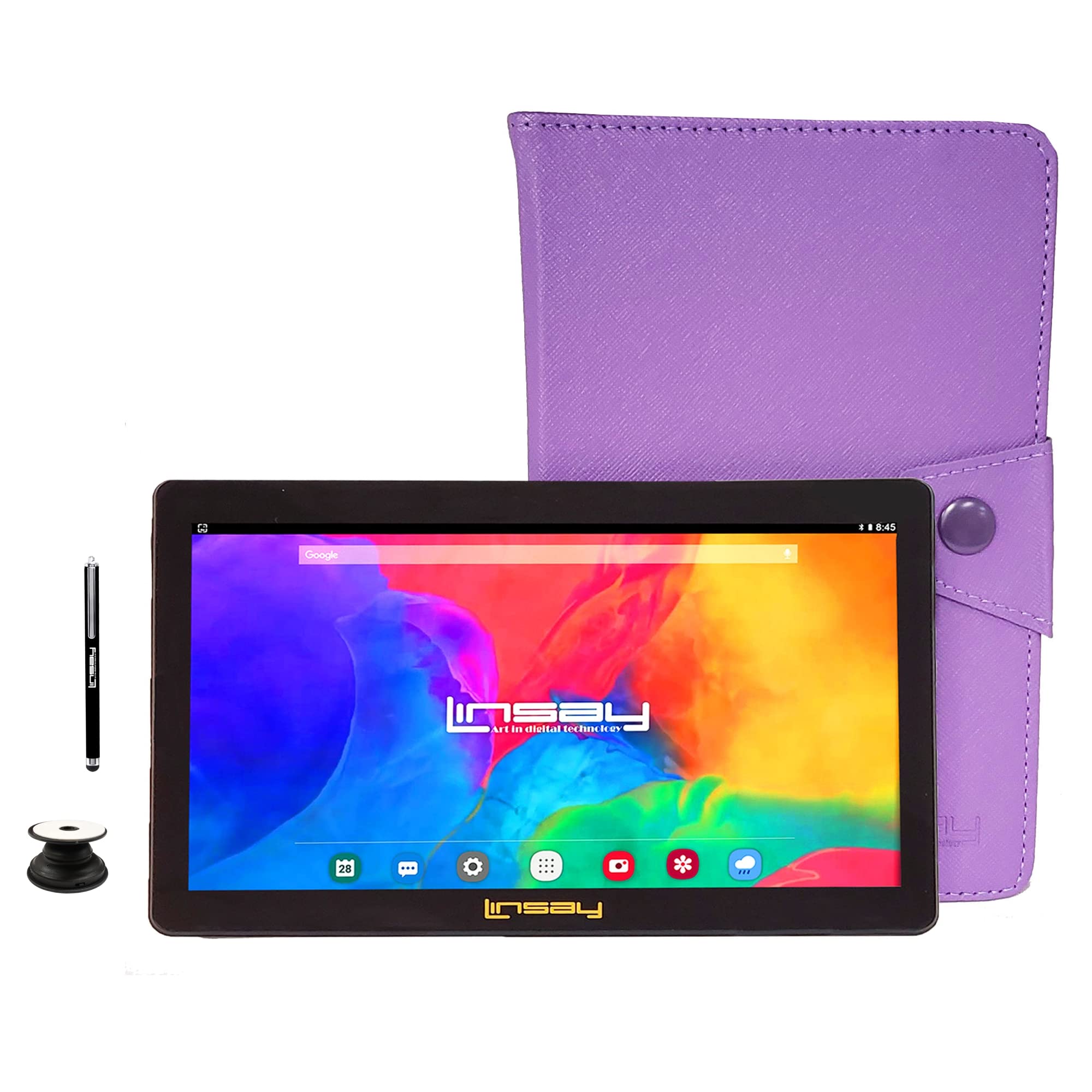 LINSAY 7" 2GB RAM 32GB Storage Android 12 Tablet with Purple Leather Case, Pop Holder and Pen Stylus