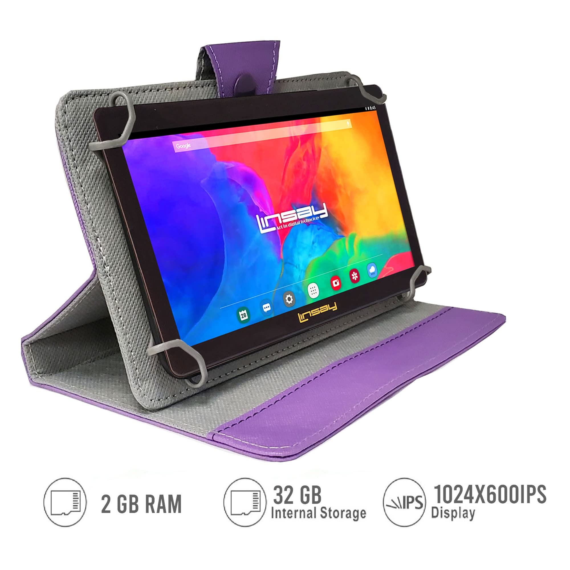 LINSAY 7" 2GB RAM 32GB Storage Android 12 Tablet with Purple Leather Case, Pop Holder and Pen Stylus