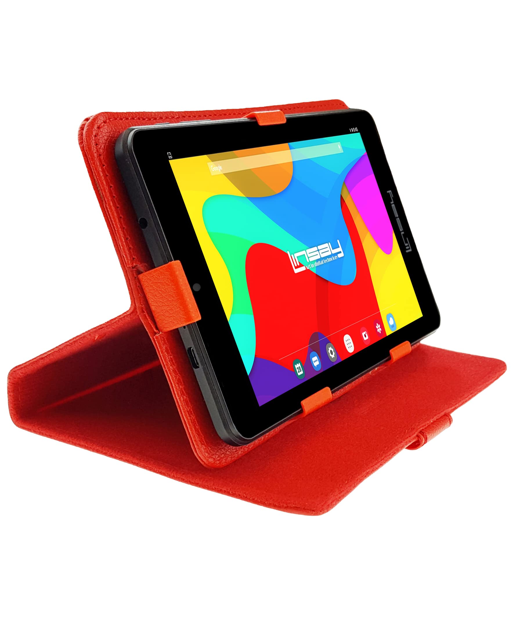 LINSAY 7" 2GB RAM 32GB Storage Android 12 Tablet with Red Leather Case, Pop Holder and Pen Stylus