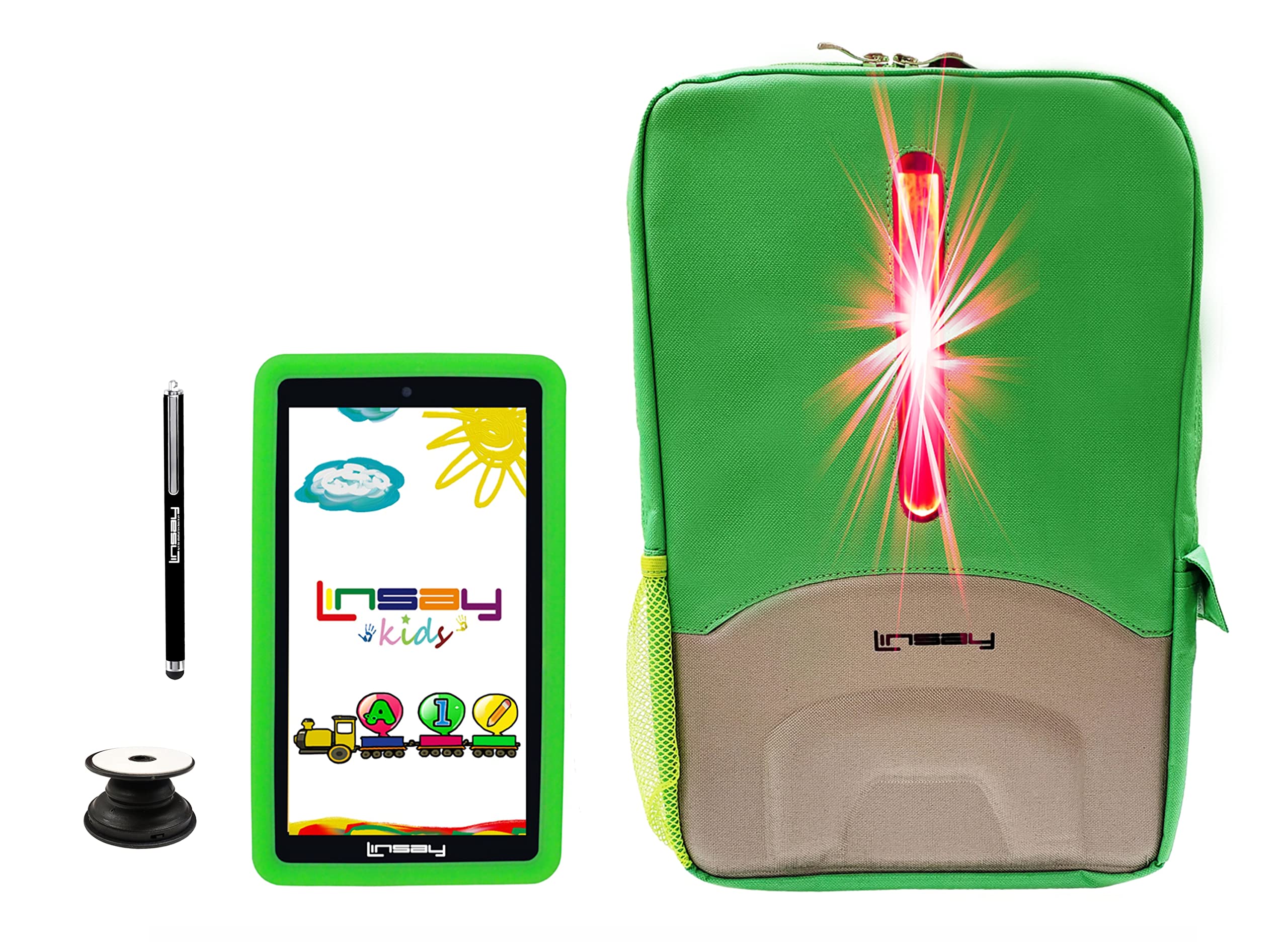 LINSAY 7" 2GB RAM 32GB Storage Android 12 Tablet with Green Kids Defender Case, LED Backpack, Pop Holder and Pen Stylus