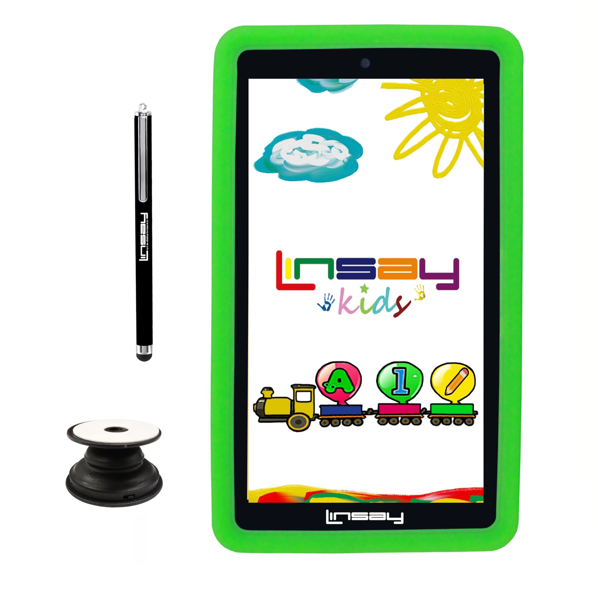 LINSAY 7" 2GB RAM 32GB Storage Android 12 Tablet with Green Kids Defender Case, LED Backpack, Pop Holder and Pen Stylus