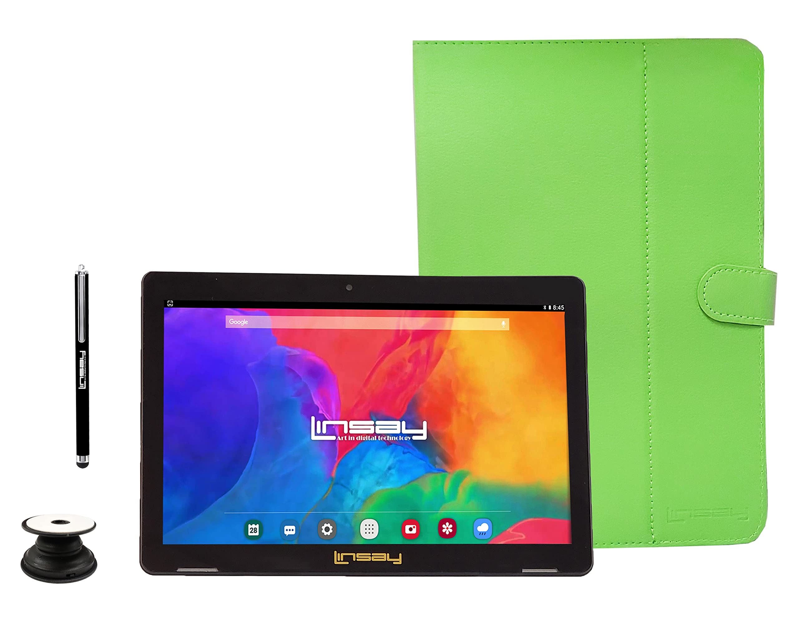 LINSAY 10.1" 1280x800 IPS 2GB RAM 32GB Android 11 Tablet with Green Leather Case, Pop Holder and Pen Stylus