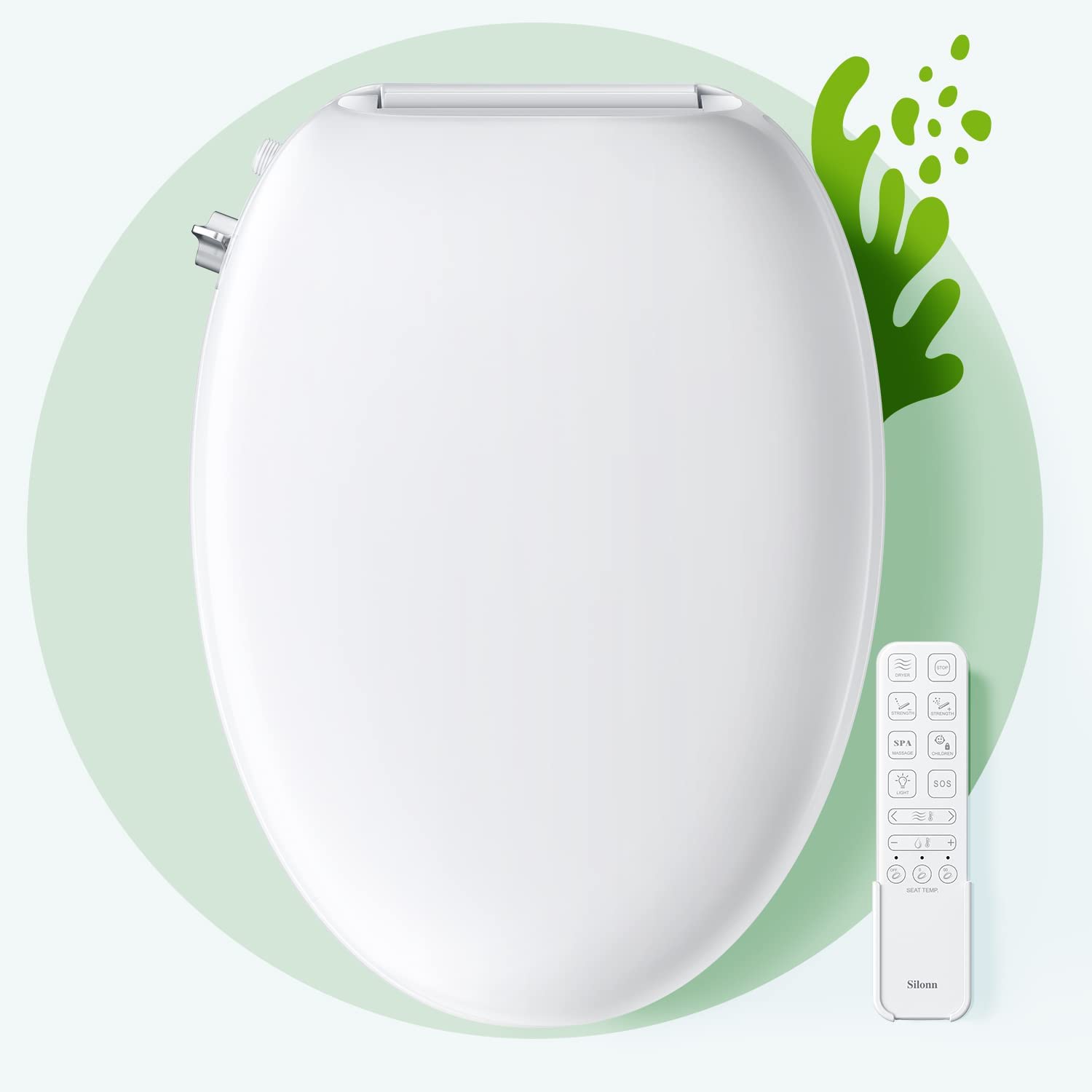 Silonn Electric Bidet Toilet Seat for Elongated Toilets, Heated Seat with Warm Air Dryer, Nightlight, Self-Cleaning Dual Nozzle, Posterior Washing and Feminine Cleaning, White