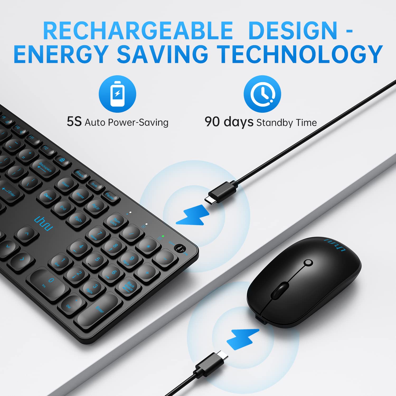 Rechargeable Wireless Keyboard and Mouse Combo, UHURU 2.4G Cordless Keyboard Mouse, Ultra-Thin Keyboard,3 Level DPI Mouse, Energy-Saving Keyboard Mice, Compatible with Windows/Mac OS/Laptop/PC