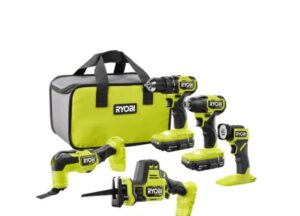 one+ hp 18v brushless cordless 5-tool combo kit with (2) 1.5 ah batteries, charger, and bag