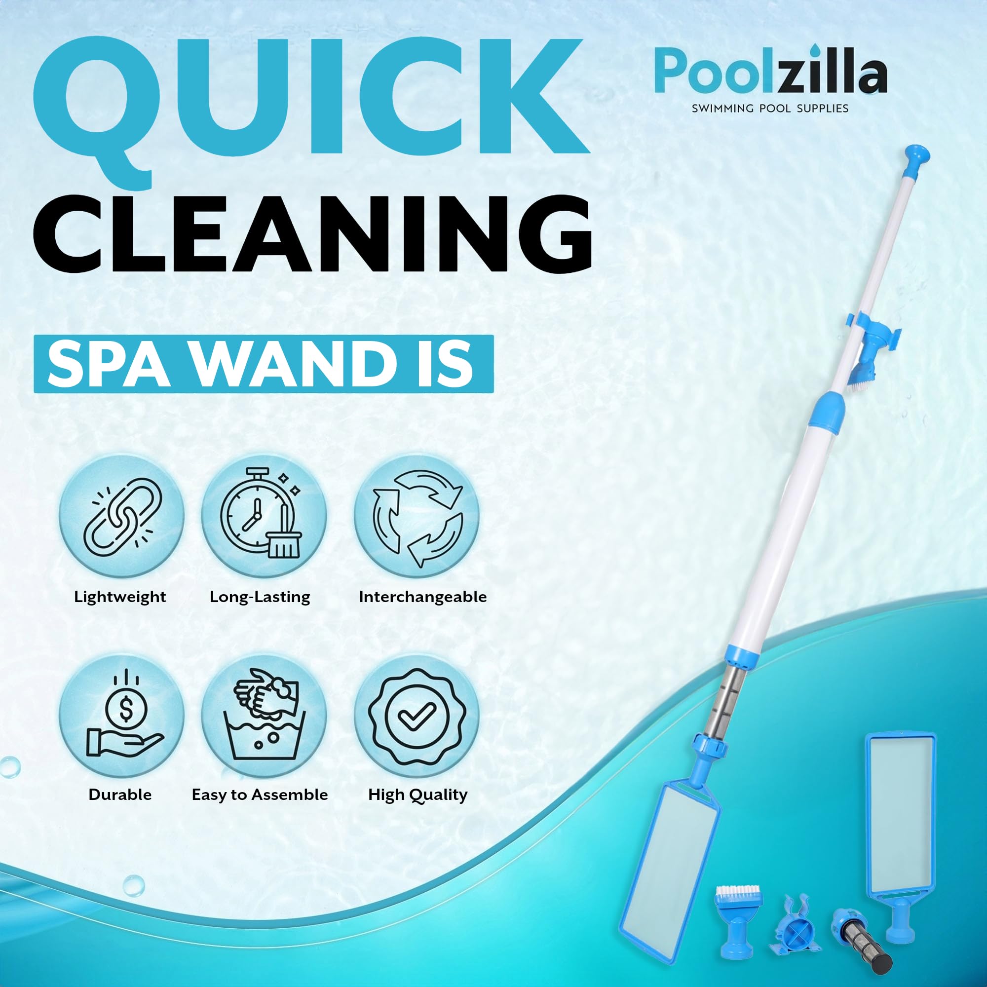 Poolzilla Spa Wand for Cleaning Pools and Spas, Comes with 3 Interchangeable Nozzles, Collect Dirt, Debris & More