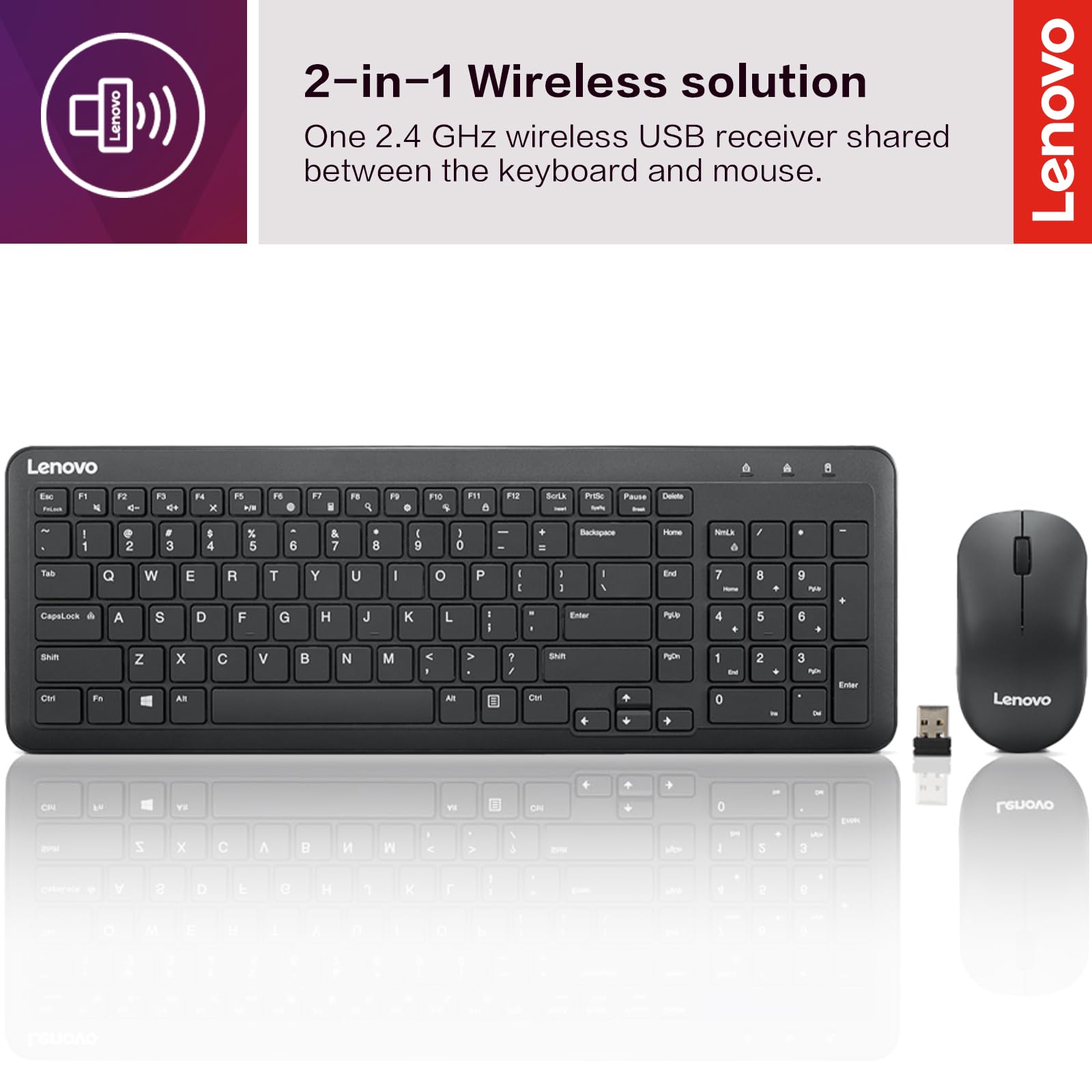 Lenovo 300 Wireless Combo Keyboard and Mouse, 2.4 GHz Nano USB-A Receiver, Batteries Included