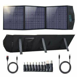 120w solar charger, foldable, portable, kickstands, 18v dc + 60w pd type c, black