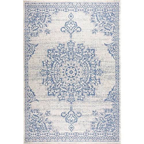 Nicole Miller New York Patio Country Azalea Transitional Medallion Indoor/Outdoor Area Rug, Grey/Blue, 6'6"x9'2"