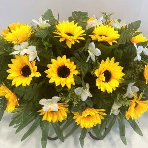 Cemetery Headstone Saddle Arrangement with Yellow Sunflowers and White Daisies-Grave Decoration