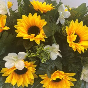 Cemetery Headstone Saddle Arrangement with Yellow Sunflowers and White Daisies-Grave Decoration