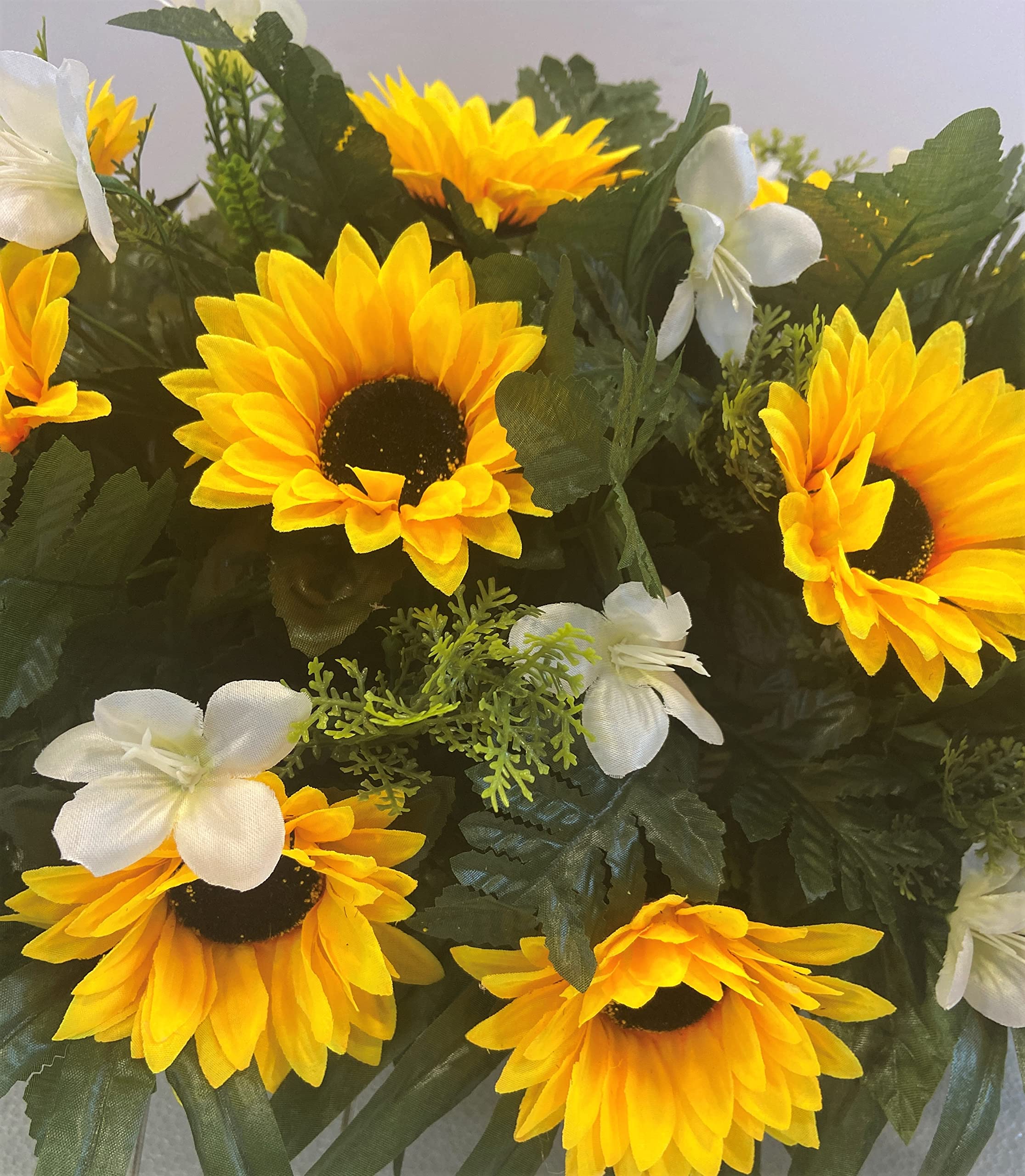 Cemetery Headstone Saddle Arrangement with Yellow Sunflowers and White Daisies-Grave Decoration