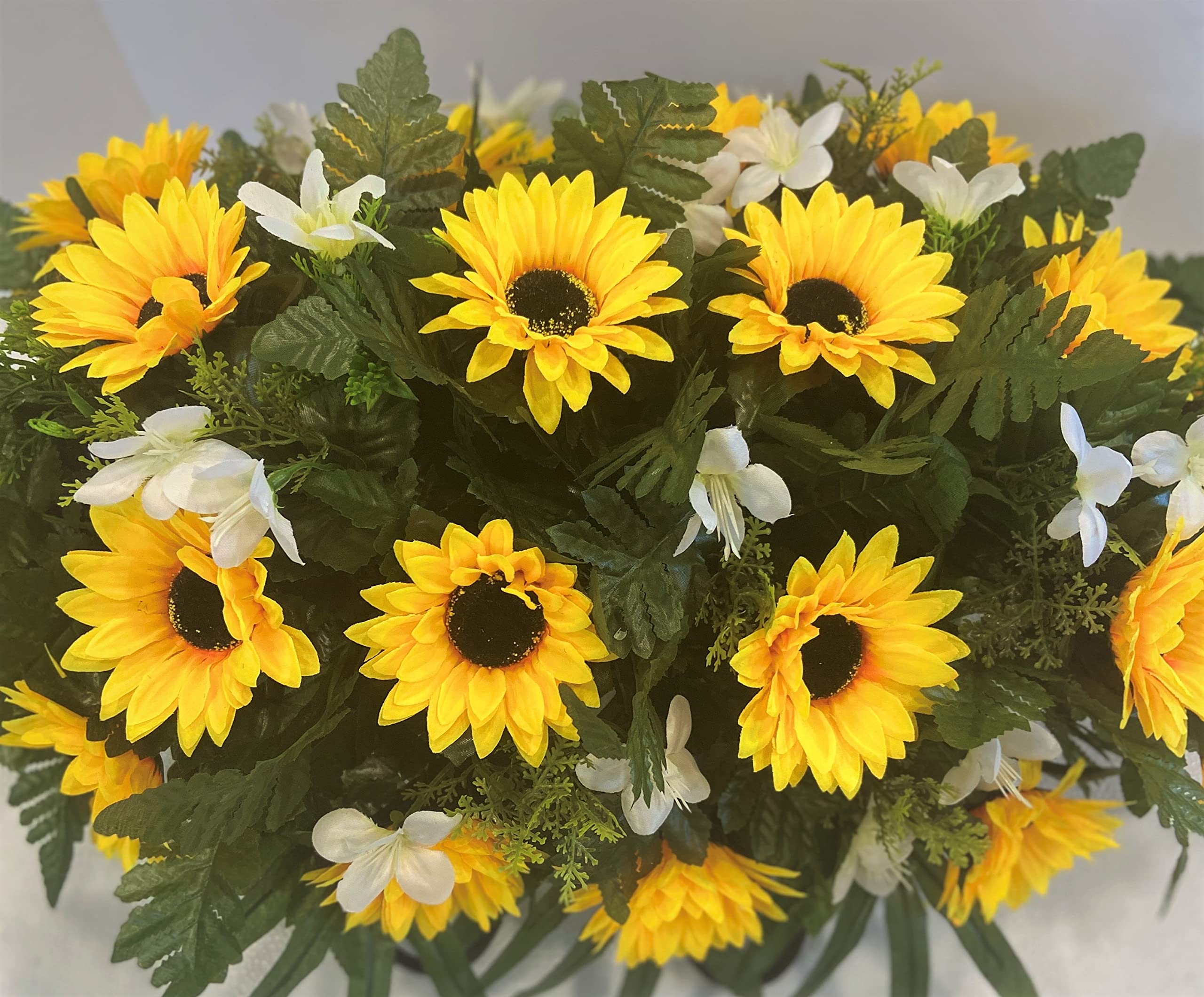 Cemetery Headstone Saddle Arrangement with Yellow Sunflowers and White Daisies-Grave Decoration