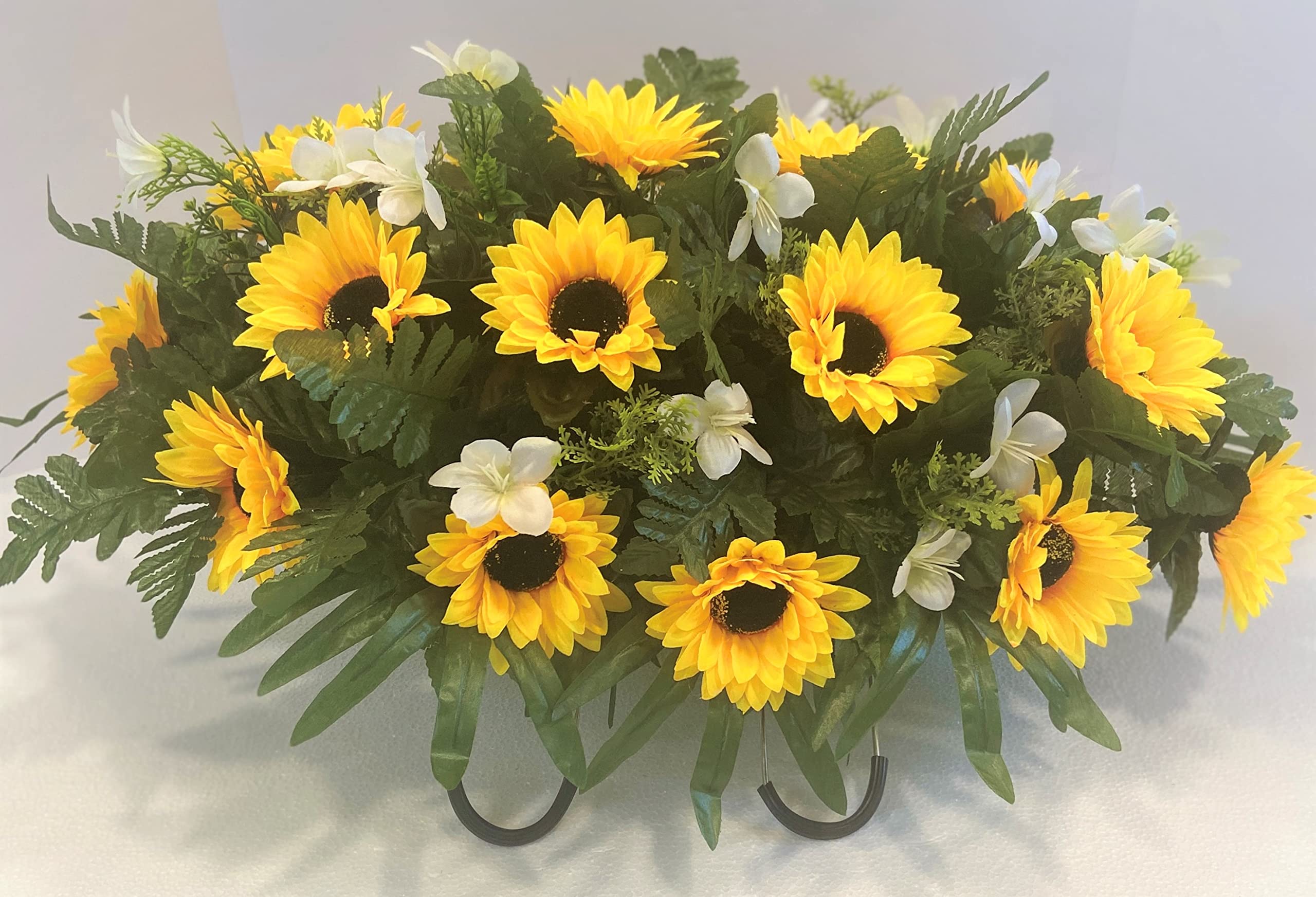 Cemetery Headstone Saddle Arrangement with Yellow Sunflowers and White Daisies-Grave Decoration