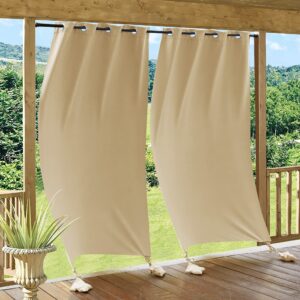 ryb home blackout curtains windproof - weighted bags attached, 84 inches long, waterproof thermal indoor outdoor for pool shower bedroom patio, 2 pcs, w 52 x l 84, beige
