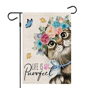 crowned beauty spring floral cat garden flag life is perfect 12×18 inch double sided for outside small burlap seasonal yard flag