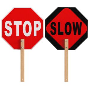 stop slow sign, double sided street slow warning reflective signs, 13x13in octagon rust free aluminum, with bamboo handle, uv protected and waterproof, weather resistant, durable ink, easy to mount