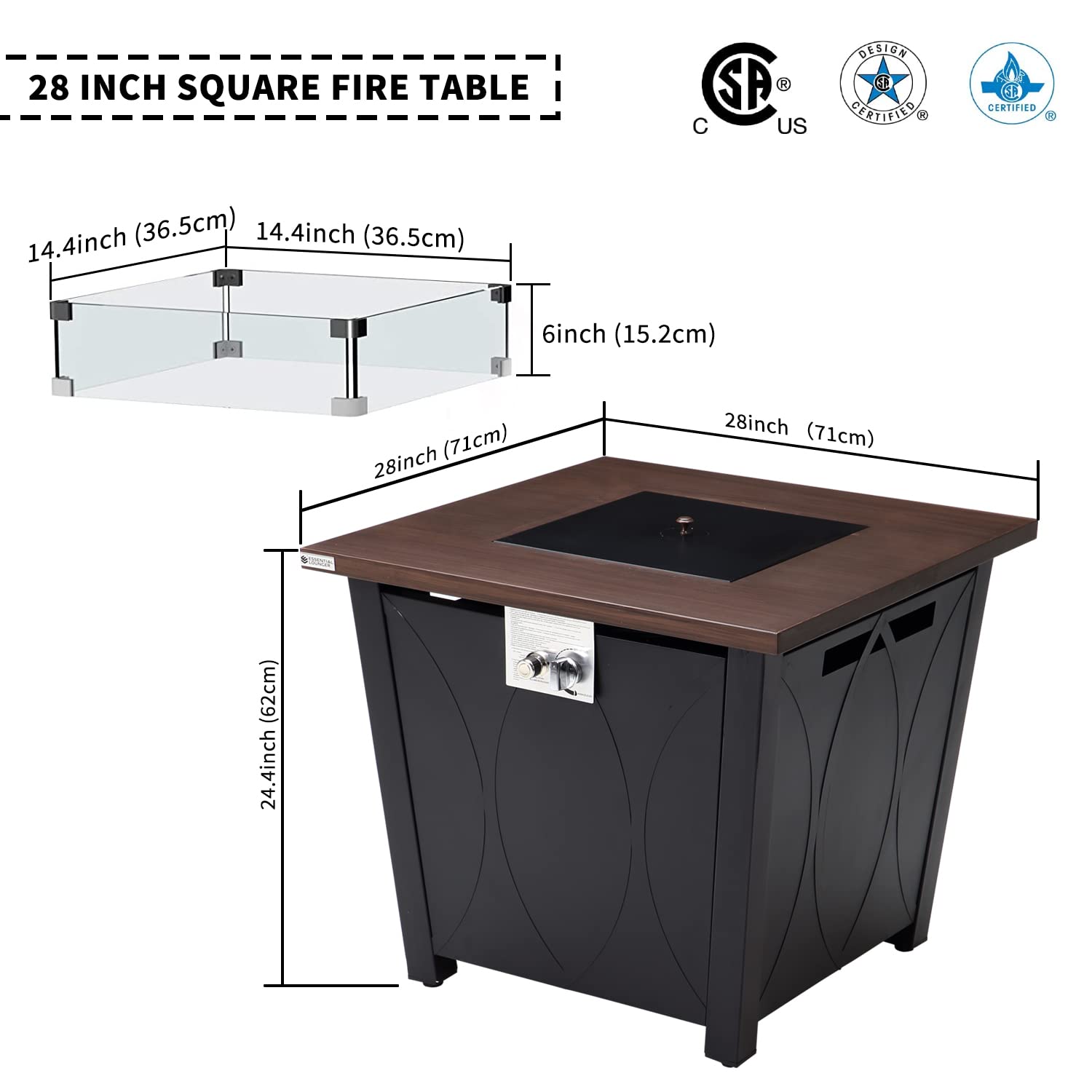 Essential Lounger 28 Inch Fire Table, 50,000 BTU Square Outdoor Fire Pit Tables Gas Fire Pit with Lid, Glass Wind Guard,Waterproof Storage Cover,Lava Rocks, Outdoor Fireplace Propane Fire Pit Table