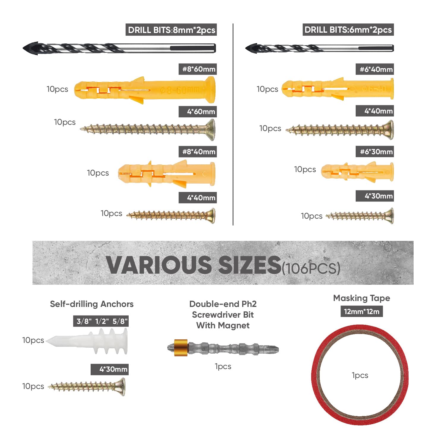 amoolo 106pcs Concrete Anchors and Screws Assortment Kit, for Drywall, Concrete Wall, Tile, Ceramic, Brick, Cinder Block, Etc. with a Magnetic Screwdriver Bit and Masking Tape.