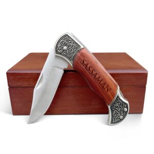 Customized Engraved Pocket Knife and Wood Box, Personalized Pocket Knife, Rose Wood Folding Pocket Knife, Folding Knife